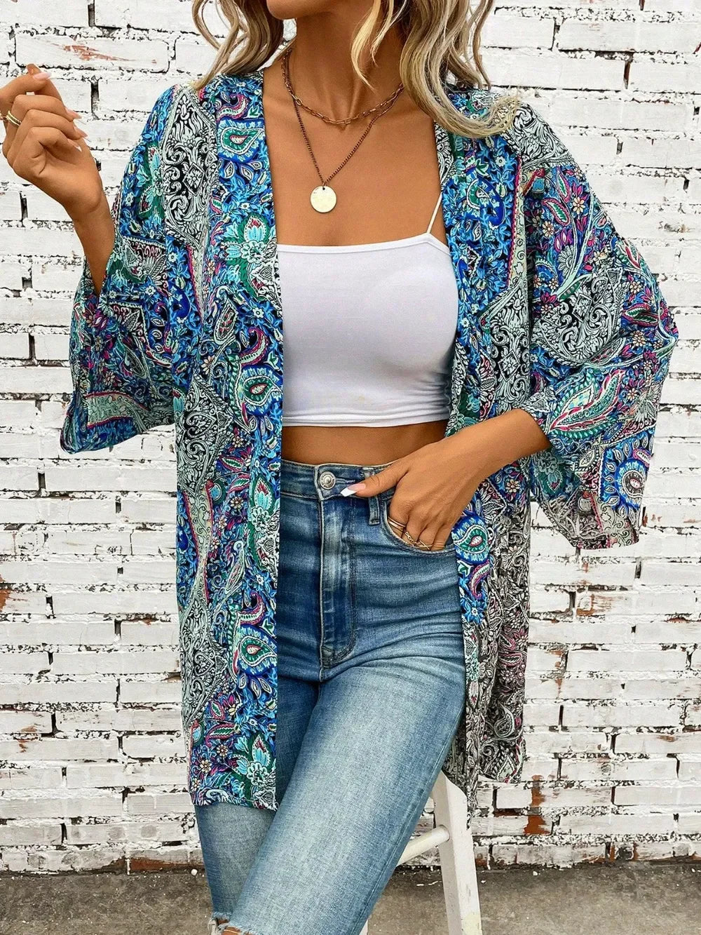 Printed Open Front Three-Quarter Sleeve Cover Up One Size - Southern Shores Clothing