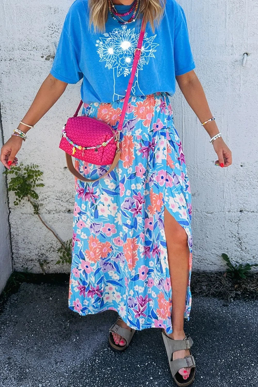 Nautical Floral Print High Waist Split Skirt Silhouette - Southern Shores Clothing