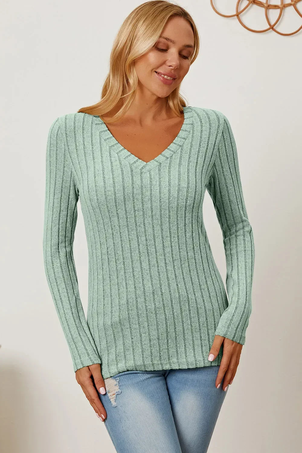 Classic Ribbed V-Neck Long Sleeve Knit Tee Top - Southern Shores Clothing