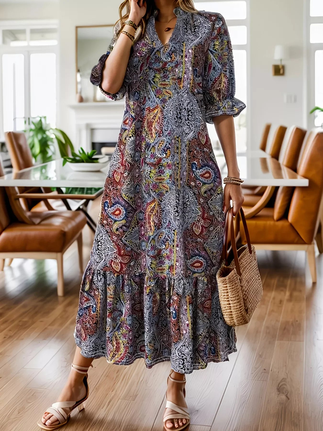 Bohemian Paisley Print Midi Dress With Ruffle Hem Long Sleeve - Southern Shores Clothing