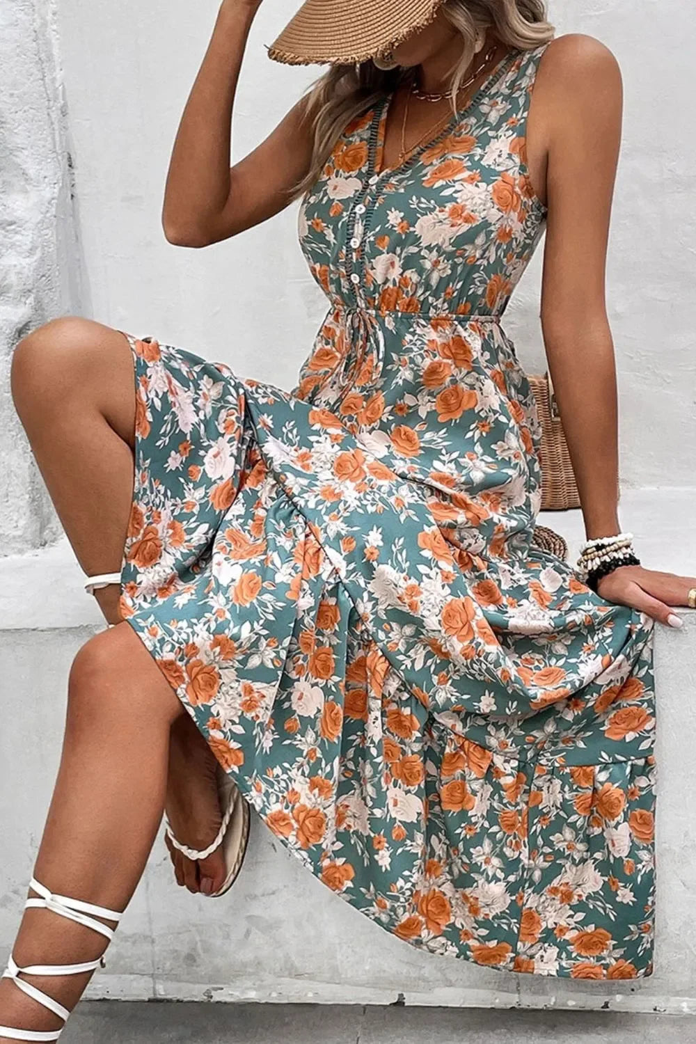 Floral Print Sleeveless V-Neck Dress With Tie Waist Tiered - Southern Shores Clothing