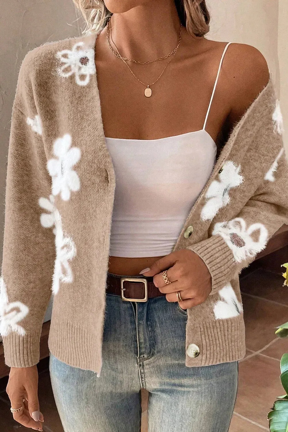 Flower Button Up Knit Cardigan With Long Sleeve - Southern Shores Clothing
