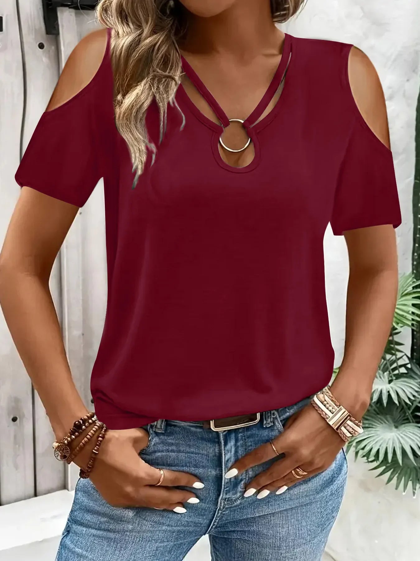 Stretch Cold Shoulder Tee With Metal Ring Detail - Southern Shores Clothing