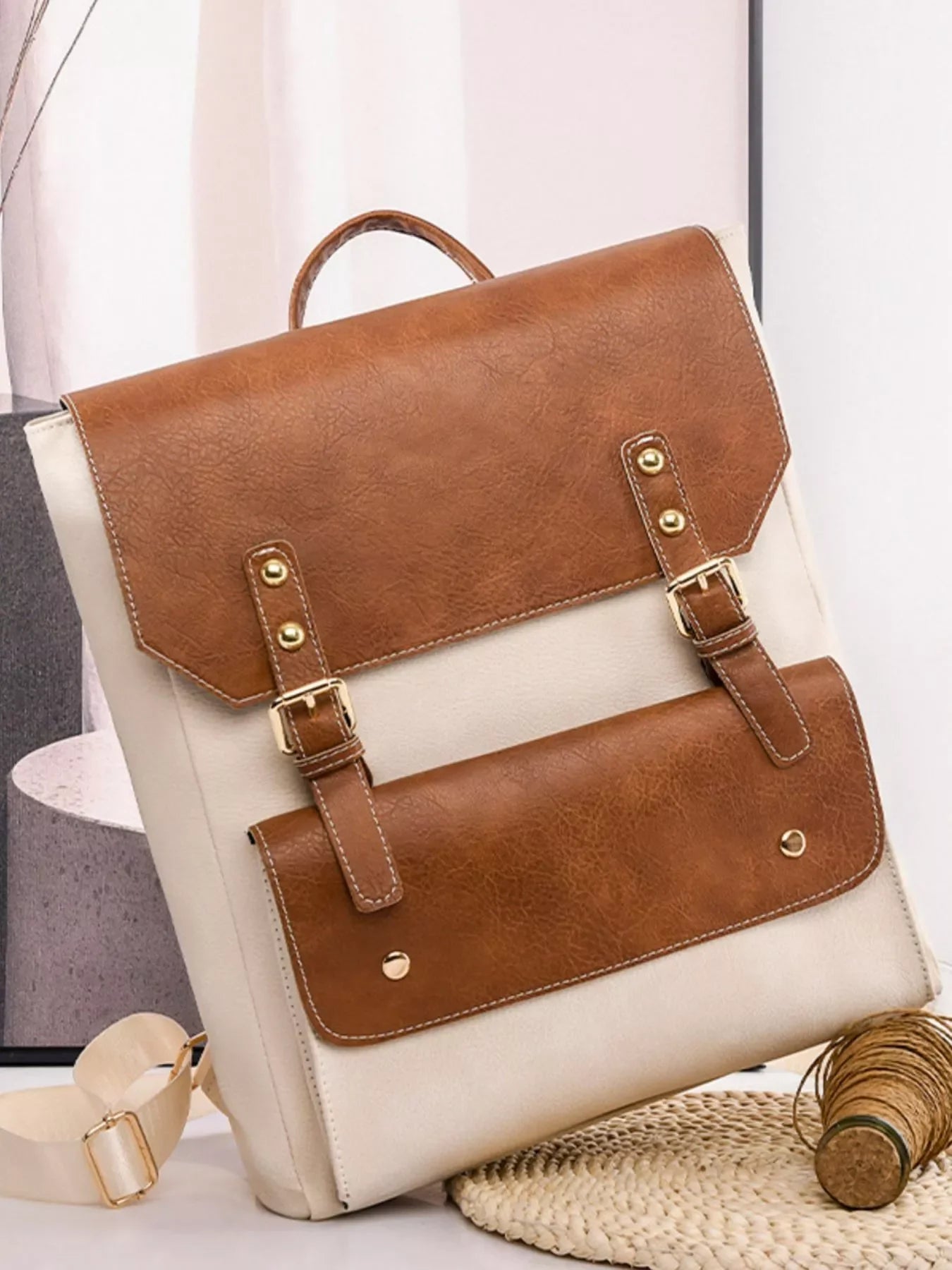 Two Tone Buckle Backpack Bag With Adjustable Straps