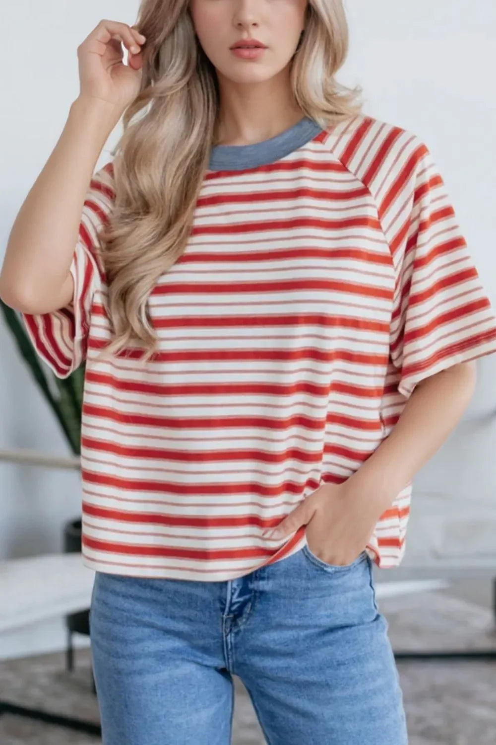 Stripe Print Contrast Collar Raglan Sleeve T Shirt - Southern Shores Clothing