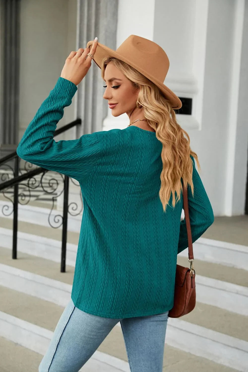 Decorative Button V-Neck Long Sleeve T-Shirt - Southern Shores Clothing
