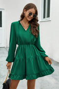V-Neck Tie Neck Long Sleeve Dress - Southern Shores Clothing