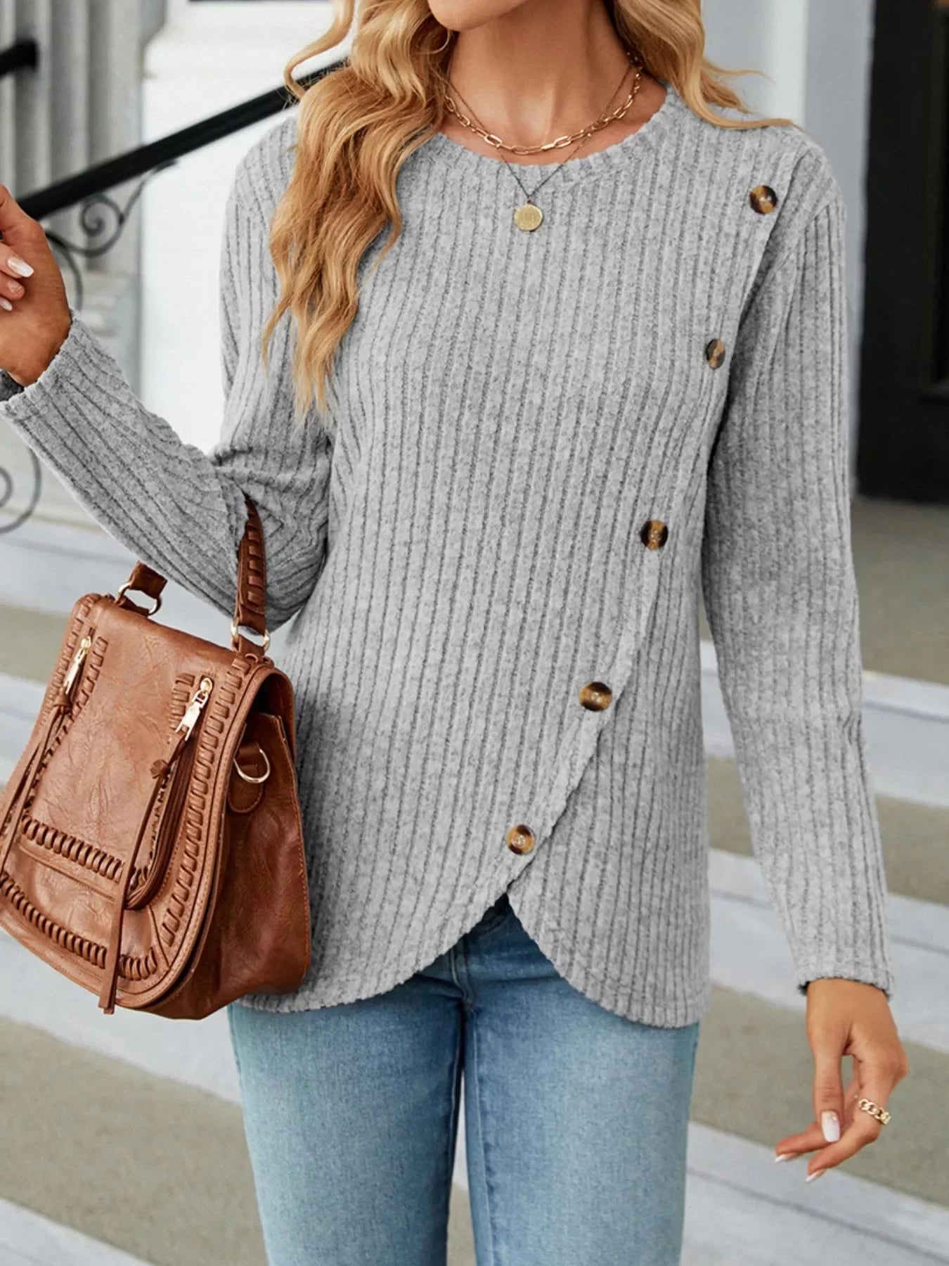 Ribbed Knit Decor Button T-Shirt - Southern Shores Clothing