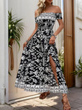 Printed Off-Shoulder Maxi Dress With Slit And Boho Pattern - Southern Shores Clothing