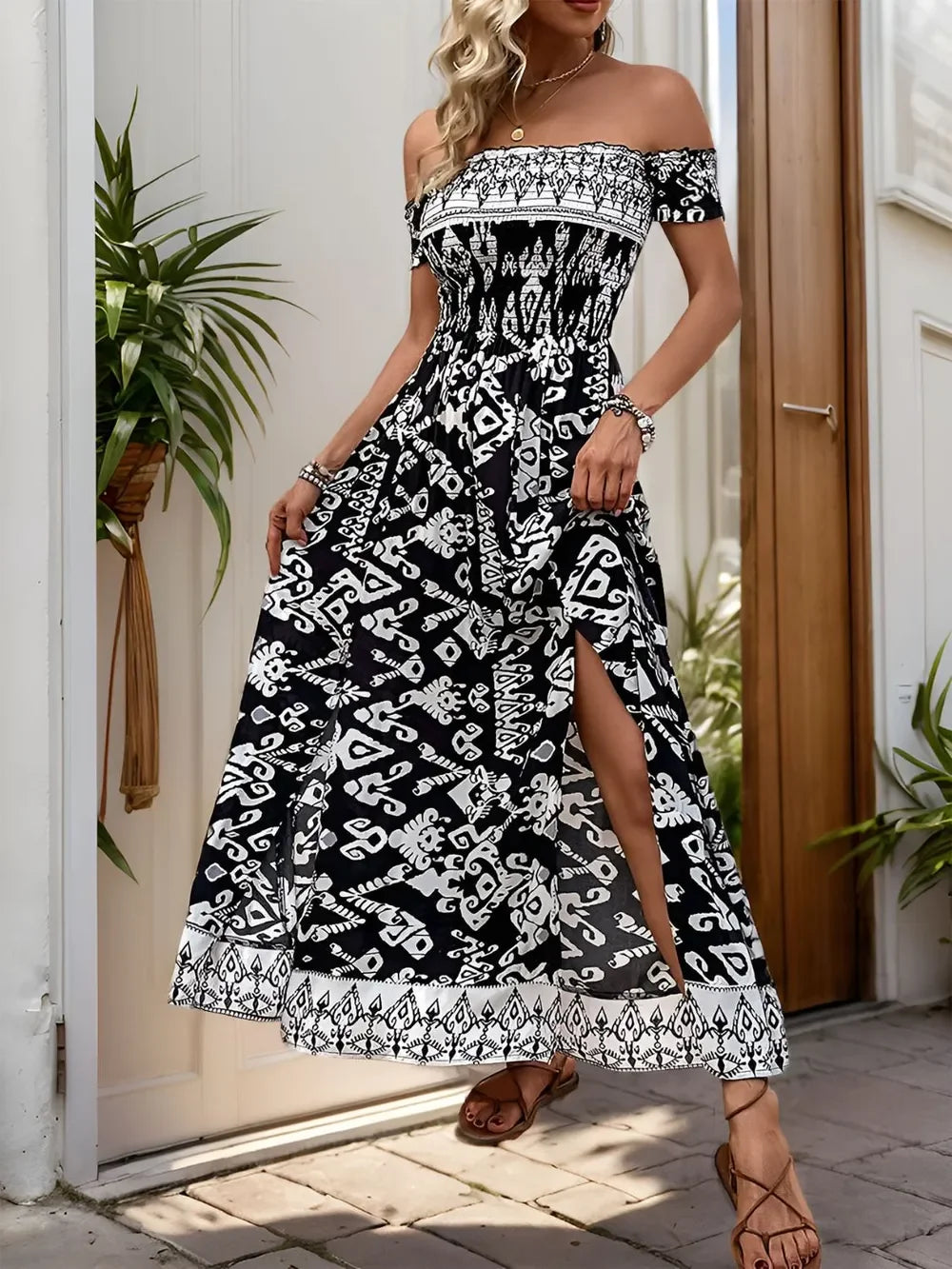 Printed Off-Shoulder Maxi Dress With Slit And Boho Pattern - Southern Shores Clothing