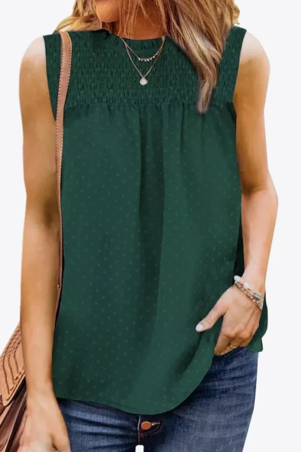 Smocked Tie Back Frill Trim Tank Top With Swiss Dot - Southern Shores Clothing