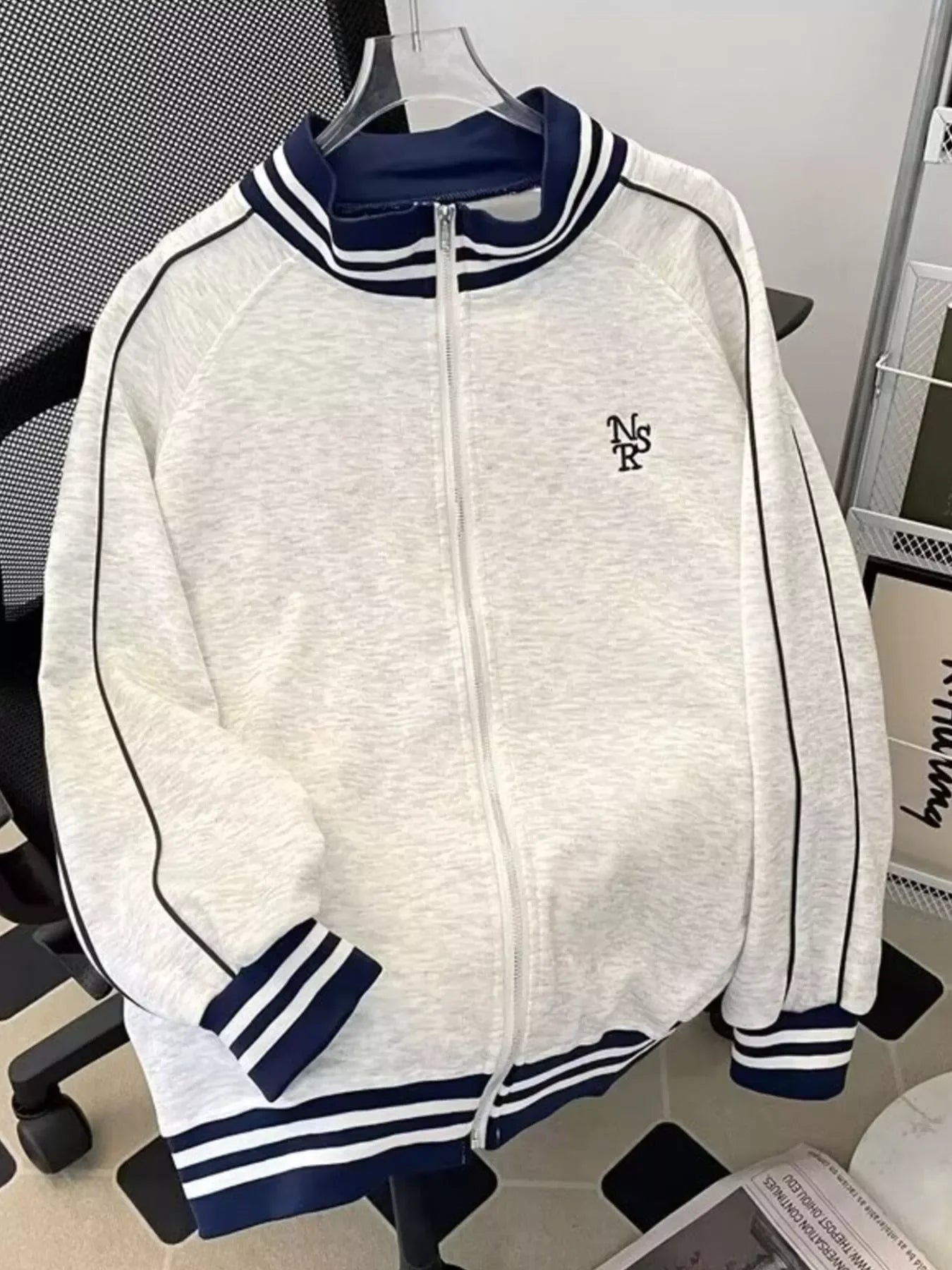 Plus Size Striped Zip-Up Sweatshirt With Polyester Blend