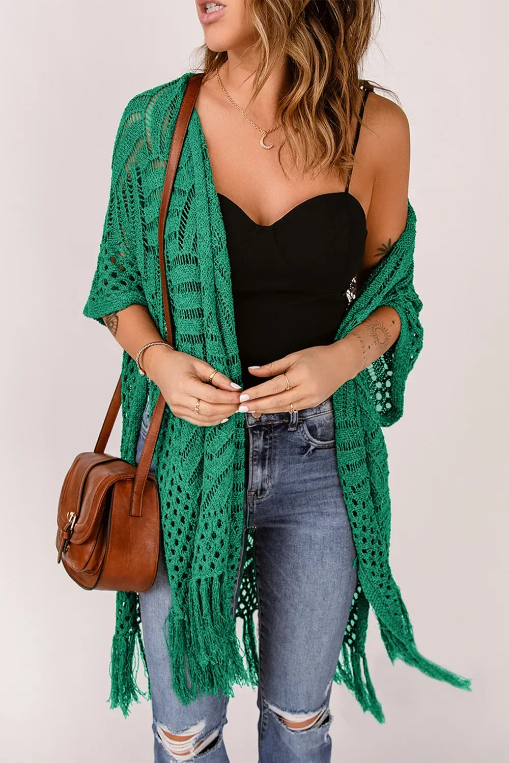 Lightweight Openwork Fringed Cardigan With Open Front - Southern Shores Clothing