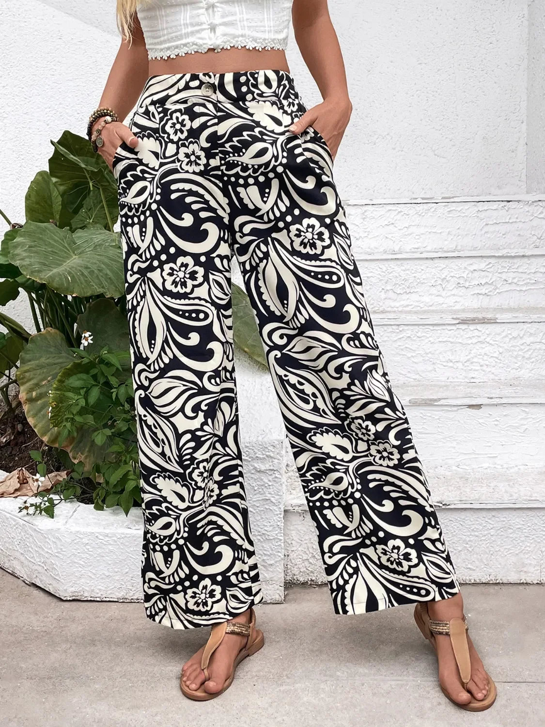 Printed Wide Leg Pants With Pockets Relaxed Fit - Southern Shores Clothing