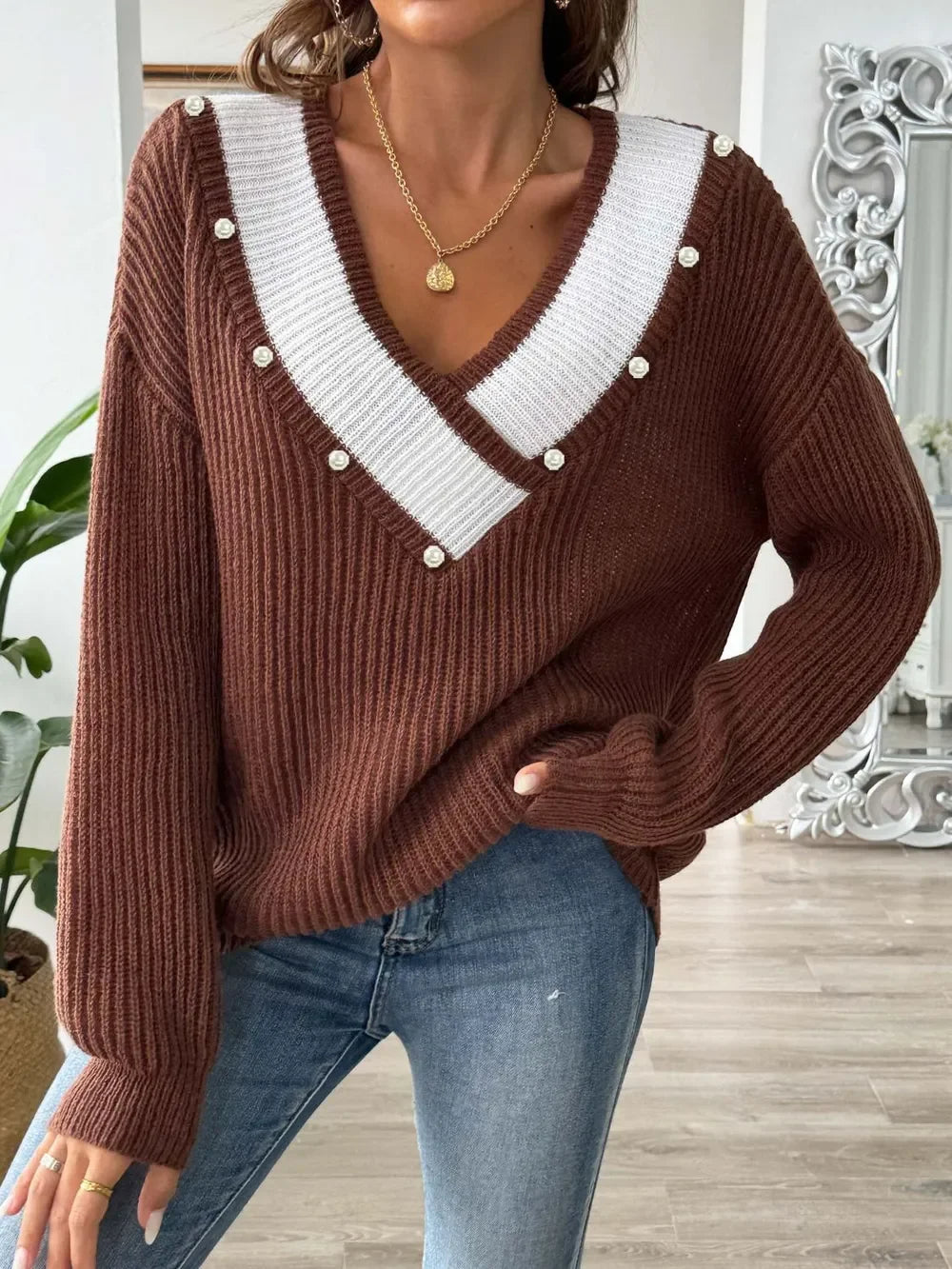 Contrast Trim Dropped Shoulder Long Sleeve Sweater - Southern Shores Clothing