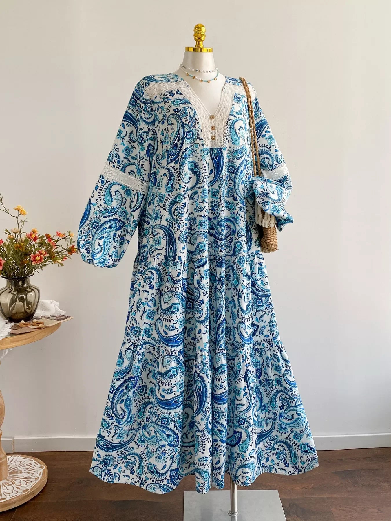 Bohemian Paisley Print V-Neck Dress With Lace And Button - Southern Shores Clothing