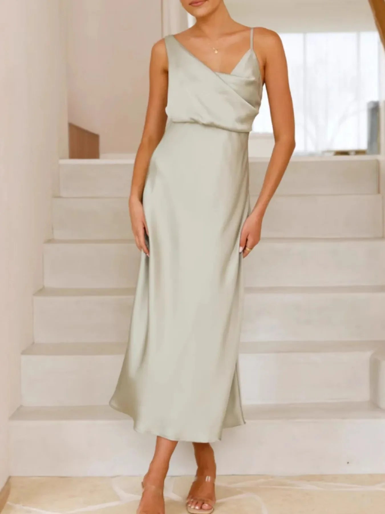Satin Asymmetrical Magnolia Midi Dress Shimmering Evening - Southern Shores Clothing