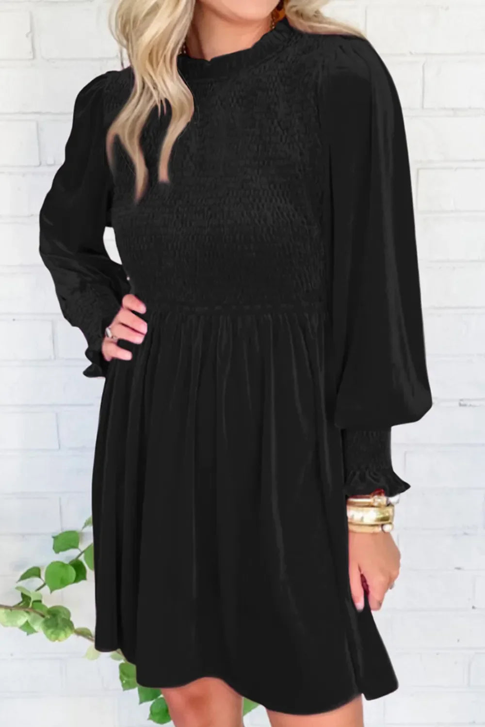 Smocked Round Neck Long Sleeve Dress Casual Beachwear - Southern Shores Clothing