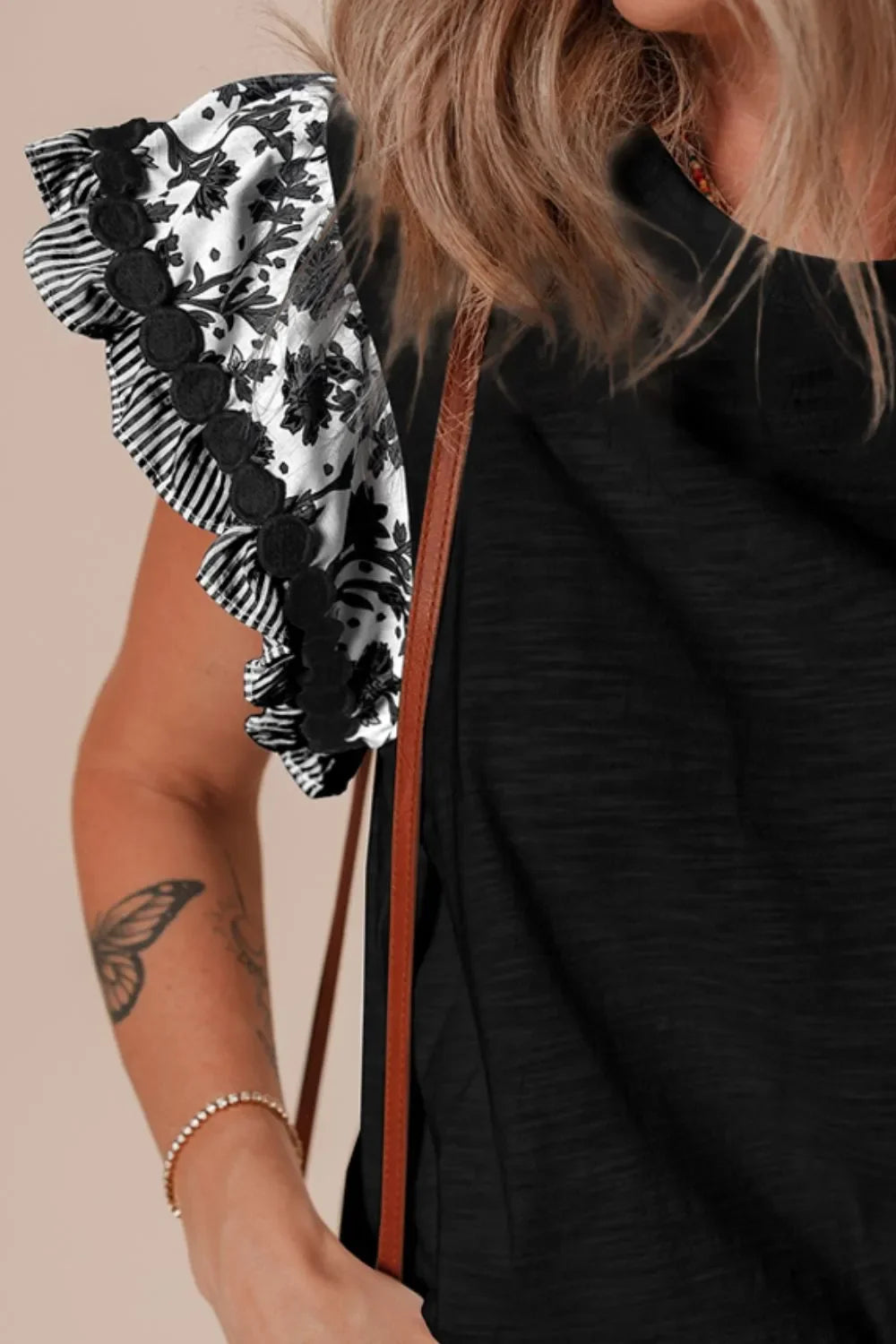 Round Neck Printed Ruffled Sheer Cap Sleeve Blouse Lightweight - Southern Shores Clothing