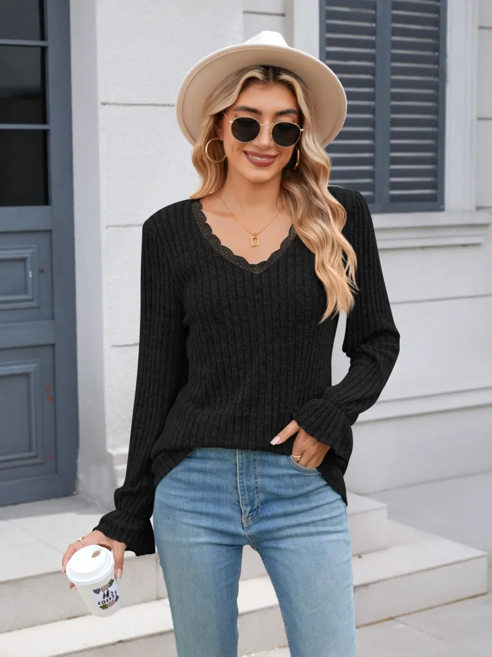 Lace Detail V-Neck Long Sleeve T-Shirt - Southern Shores Clothing