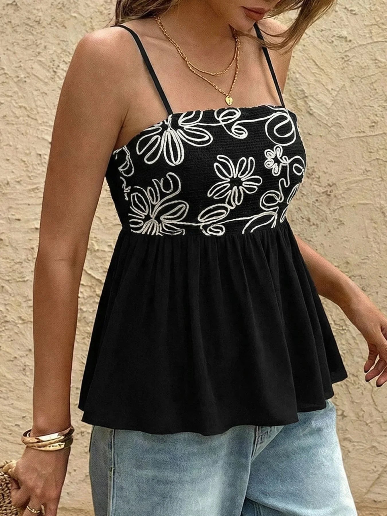 Floral Print Peplum Cami Top With Spaghetti Straps Sleeveless - Southern Shores Clothing