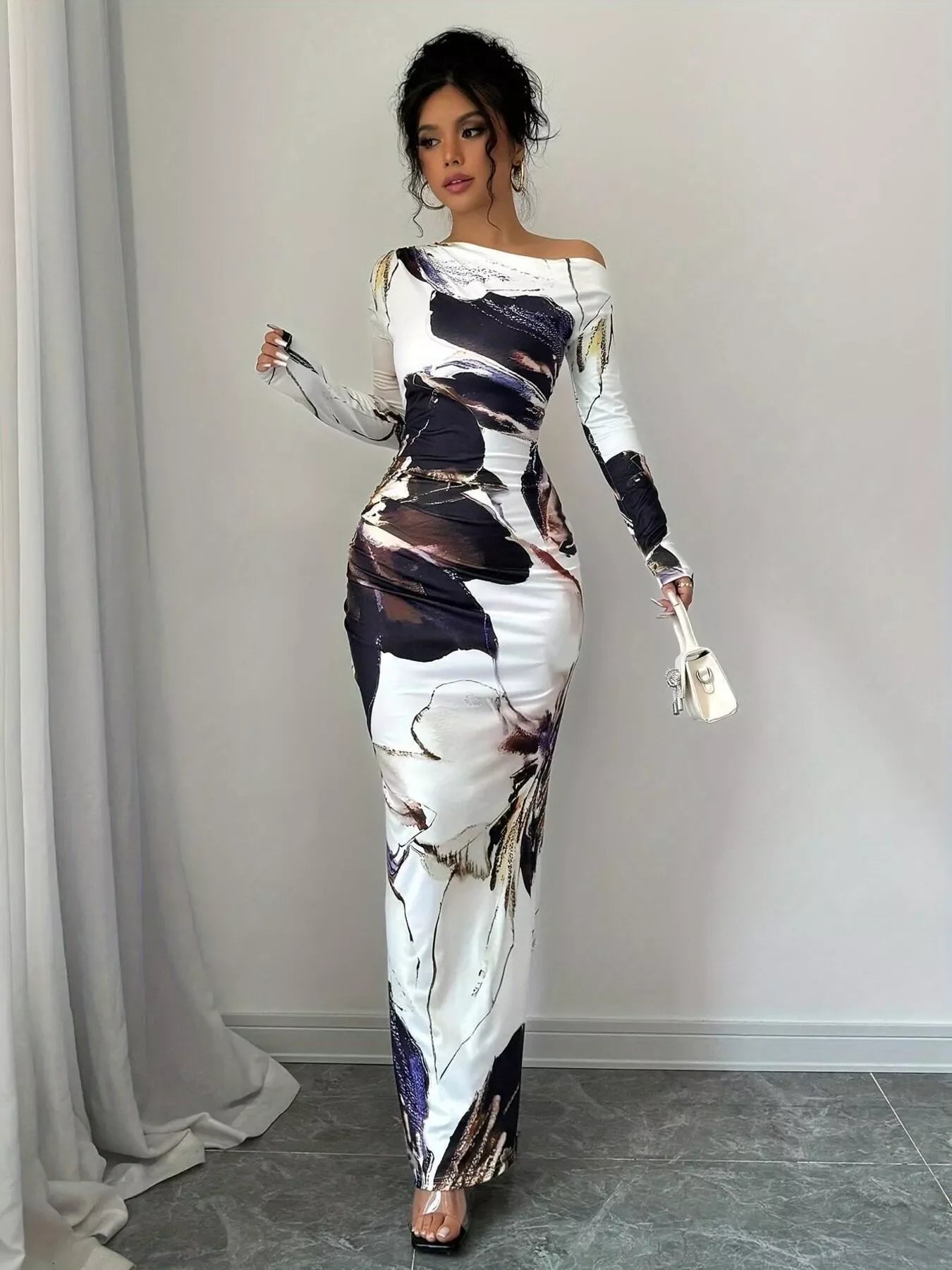 Floral One Shoulder Long Sleeve Maxi Dress - Southern Shores Clothing