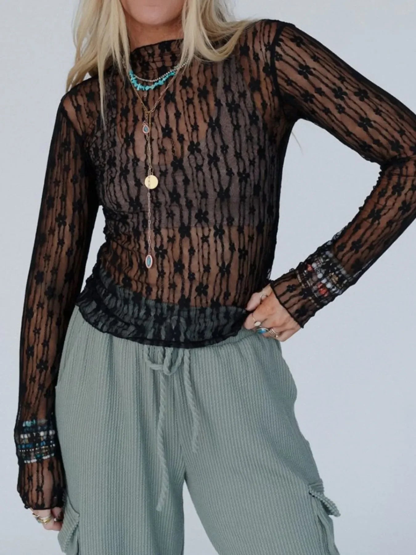 Lace See Through Long Sleeve Blouse With Sheer Detailing - Southern Shores Clothing