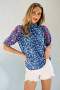 Embroidered Printed Puff Sleeve Blouse With Ruched Detail - Southern Shores Clothing