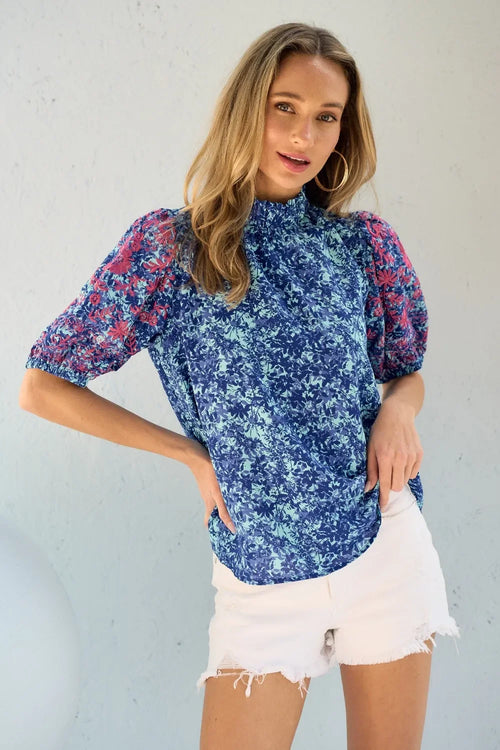 Embroidered Printed Puff Sleeve Blouse With Ruched Detail - Southern Shores Clothing