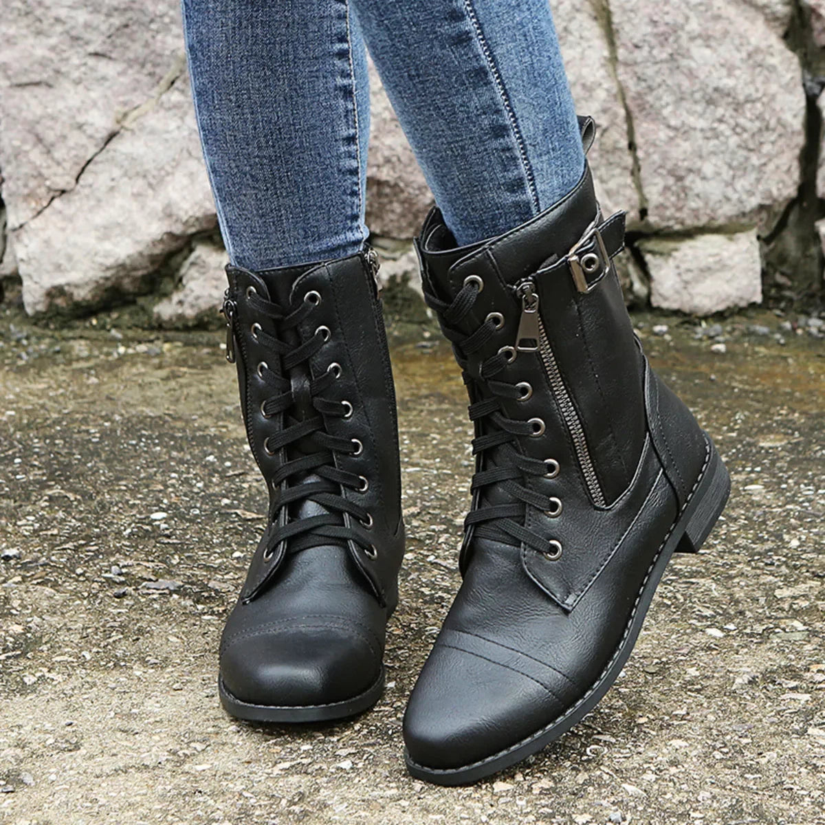 Lace-Up Ankle Boots With Zipper Detail, Low Heels - Southern Shores Clothing