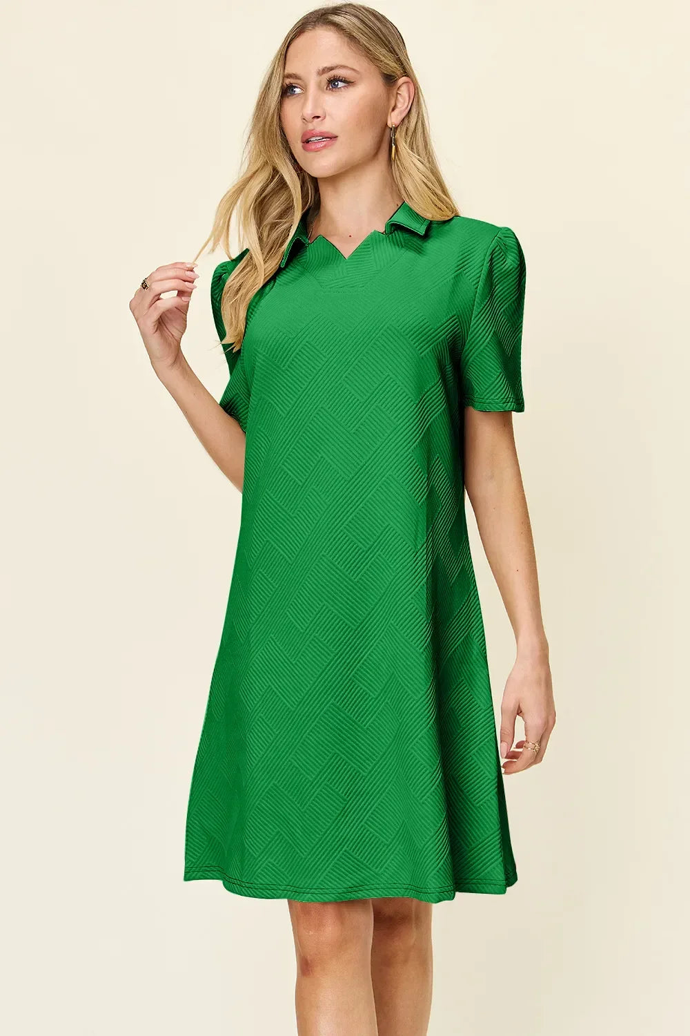 Textured Collared Neck Short Sleeve Dress - Southern Shores Clothing