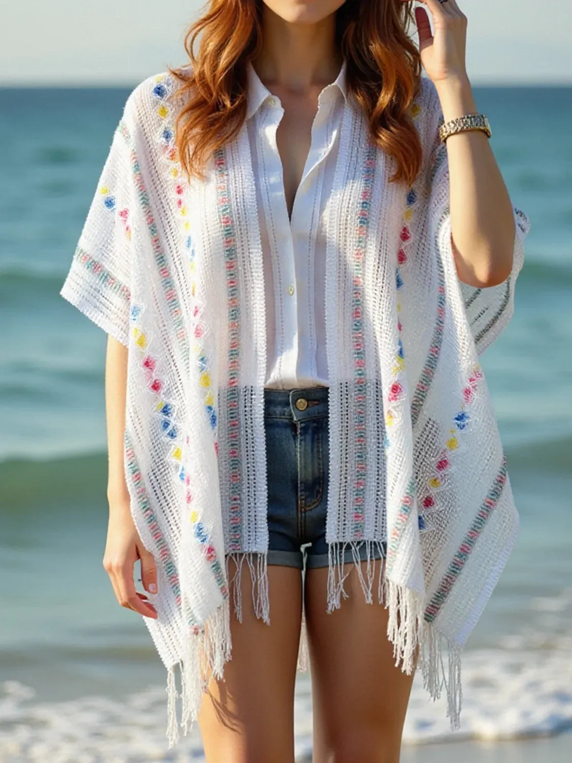 Openwork Fringe Knit Cape With Open Front For Casual Layering - Southern Shores Clothing