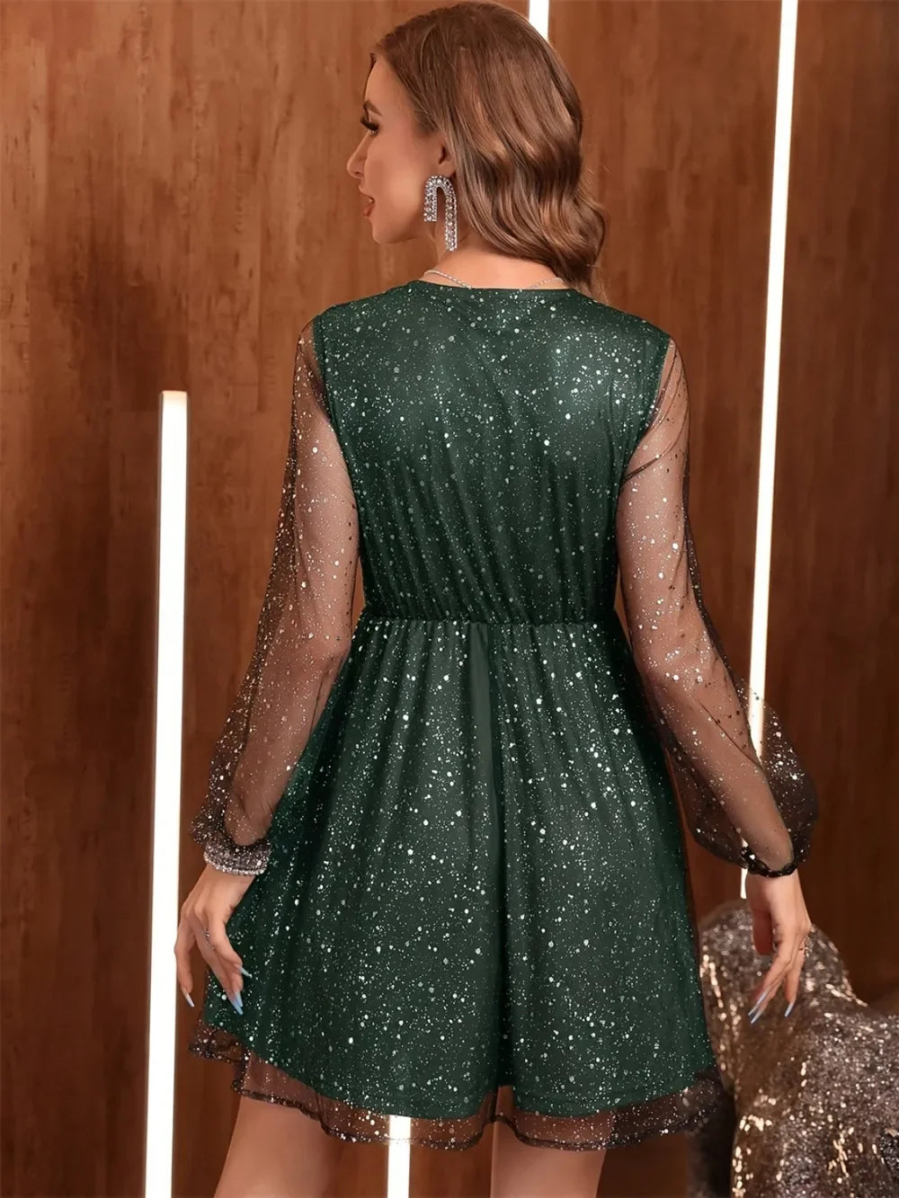 Glitter Surplice Long Sleeve Mini Dress Sheer