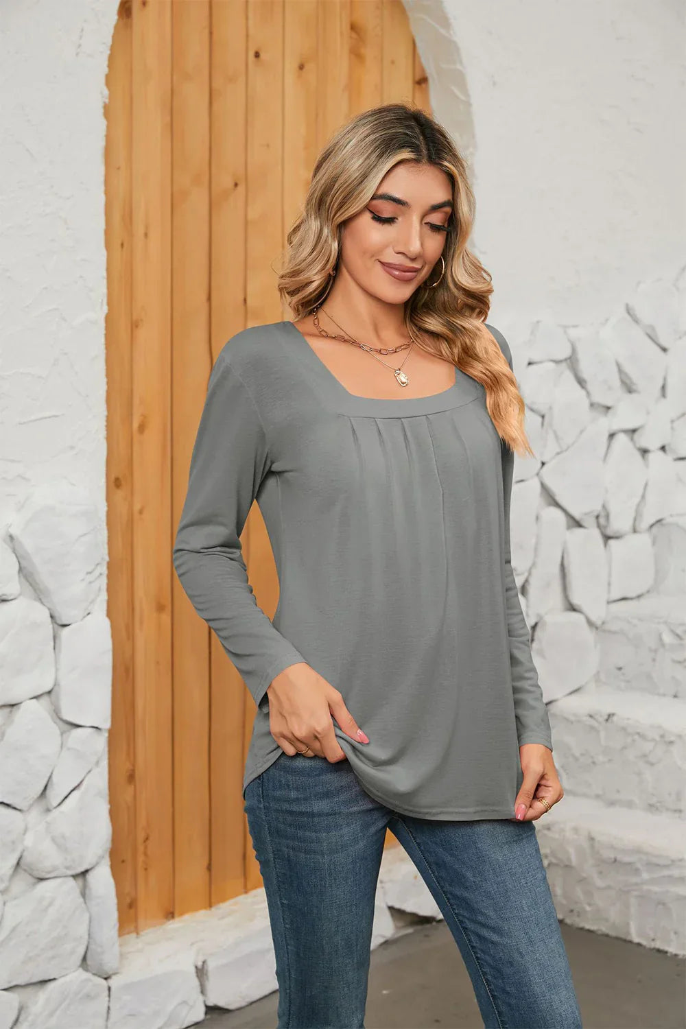 Square Neck Stretch Long Sleeve T Shirt Everyday - Southern Shores Clothing