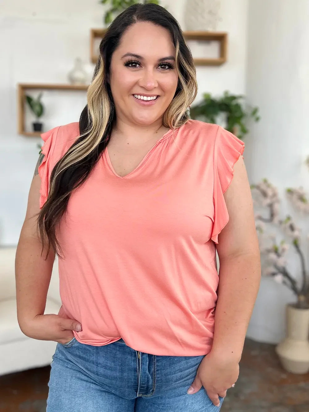Bamboo Notched Ruffled Short Sleeve T Shirt - Southern Shores Clothing