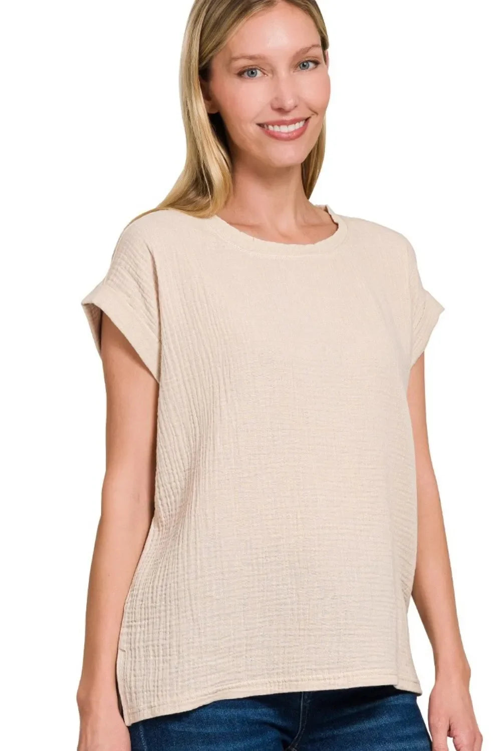Waffle Knit Oversized Round Neck Short Sleeve T Shirt - Southern Shores Clothing