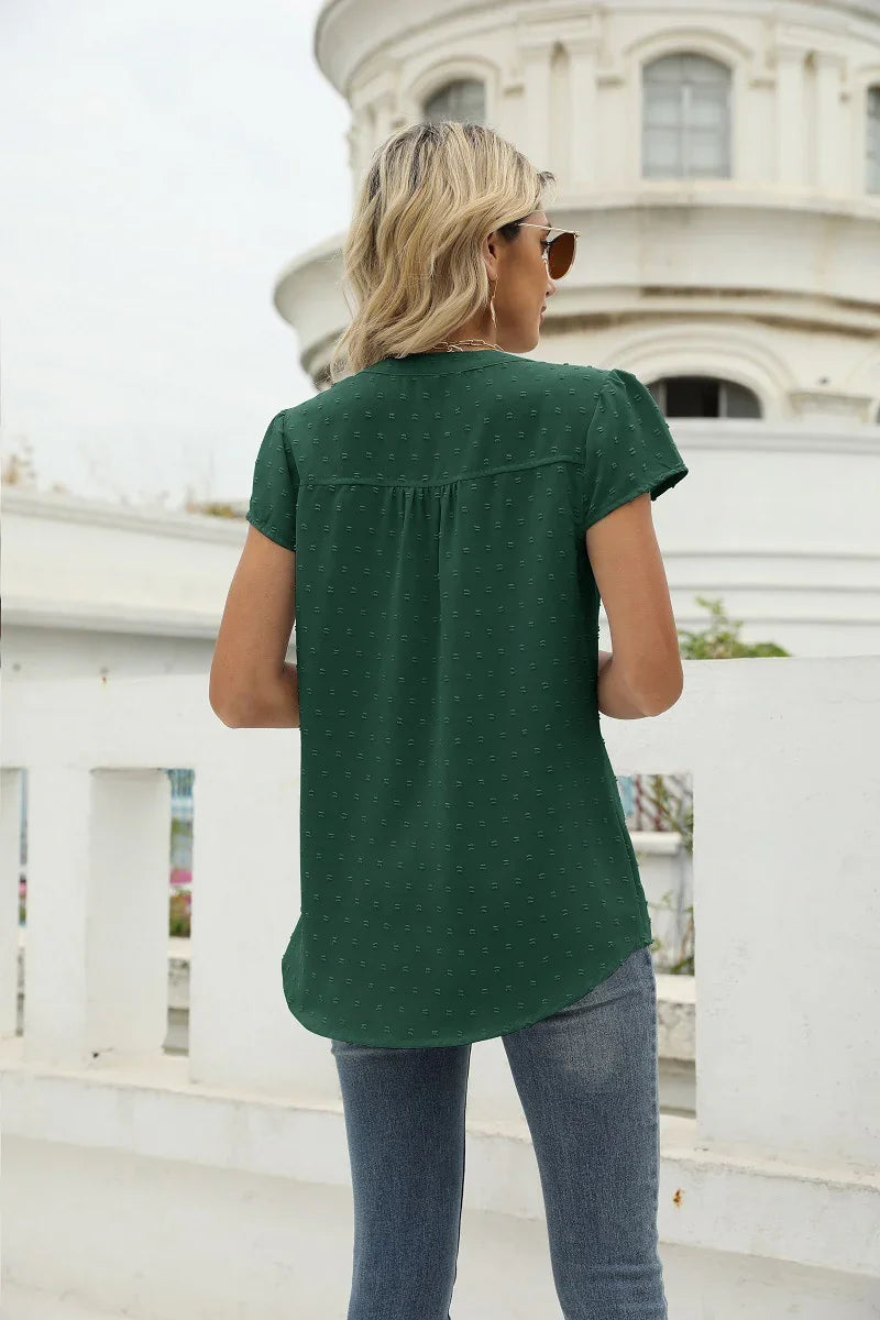 Swiss Dot Notched Neck Short Sleeve Top Casual Wear - Southern Shores Clothing