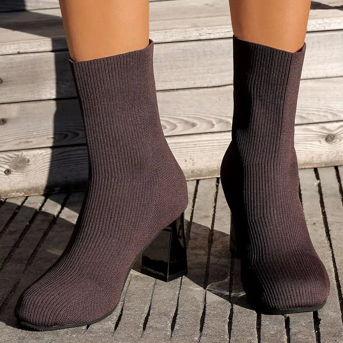 Round Toe Block Heels Boots Mesh Rubber Imported