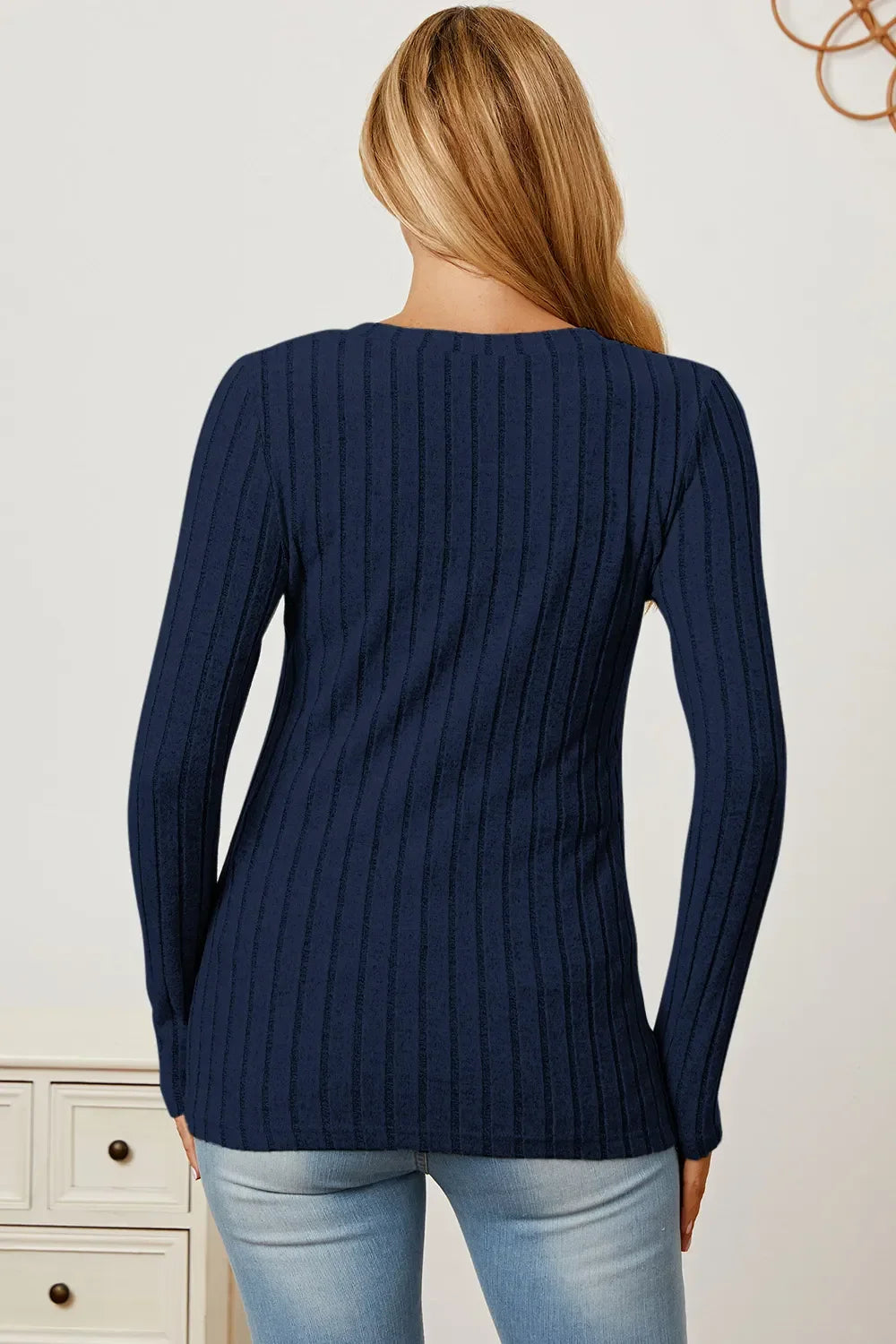 Classic Ribbed V-Neck Long Sleeve Knit Tee Top - Southern Shores Clothing