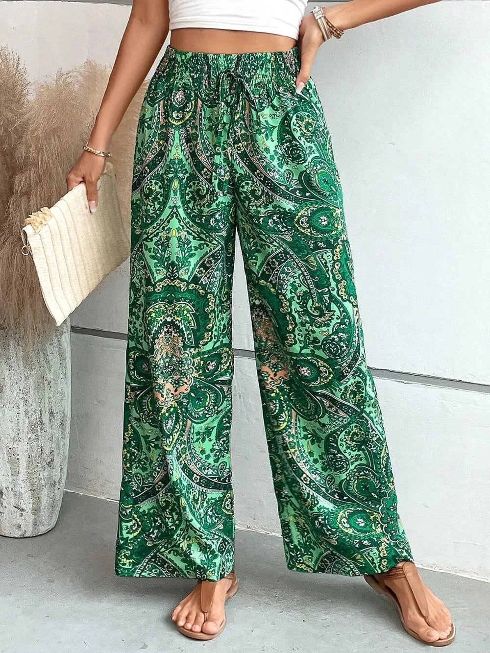 Printed Wide Leg Pants With Paisley Print Drawstring Waist - Southern Shores Clothing