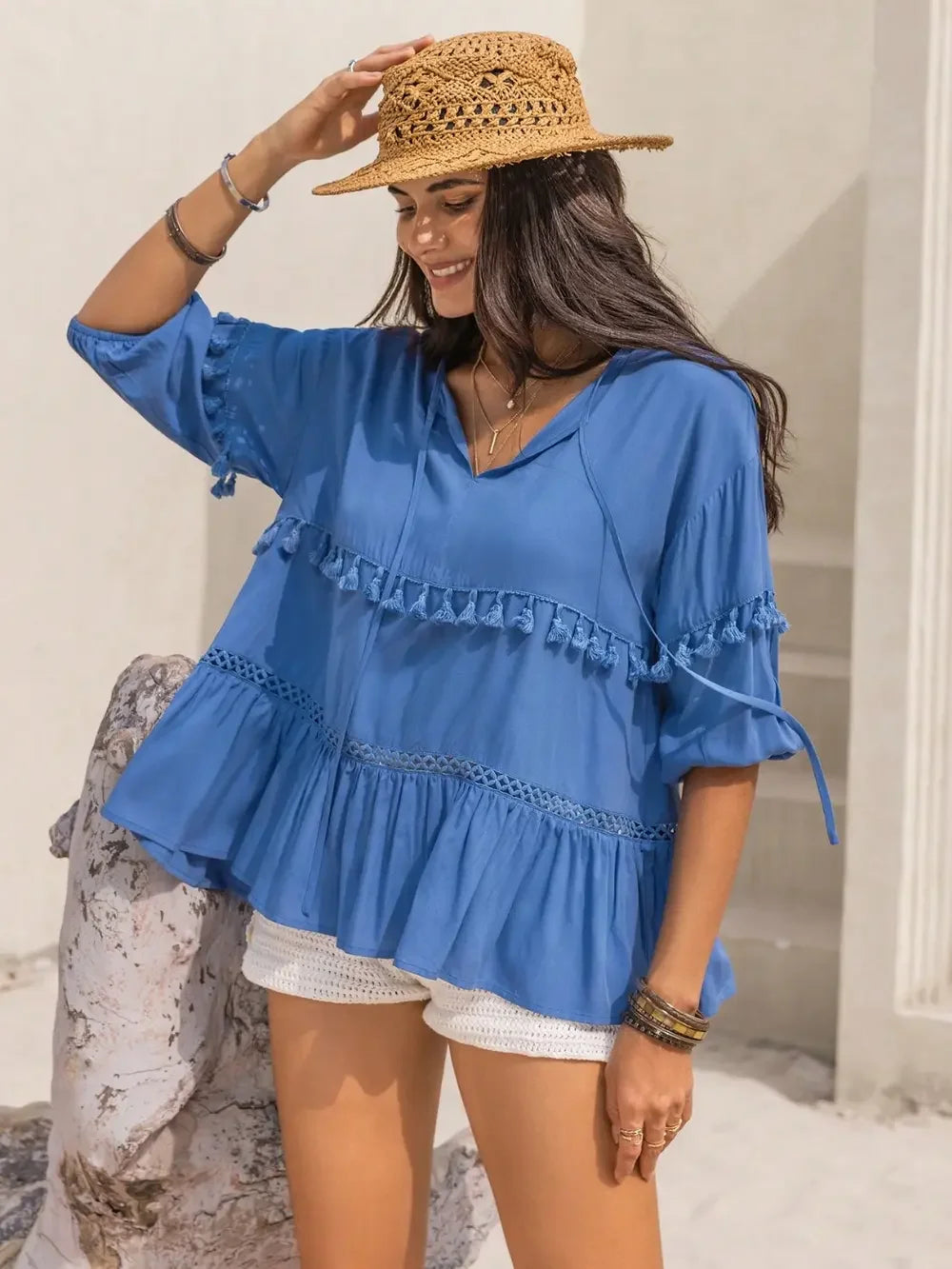 Tiered Tie Neck Blouse Half Sleeve Viscose - Southern Shores Clothing