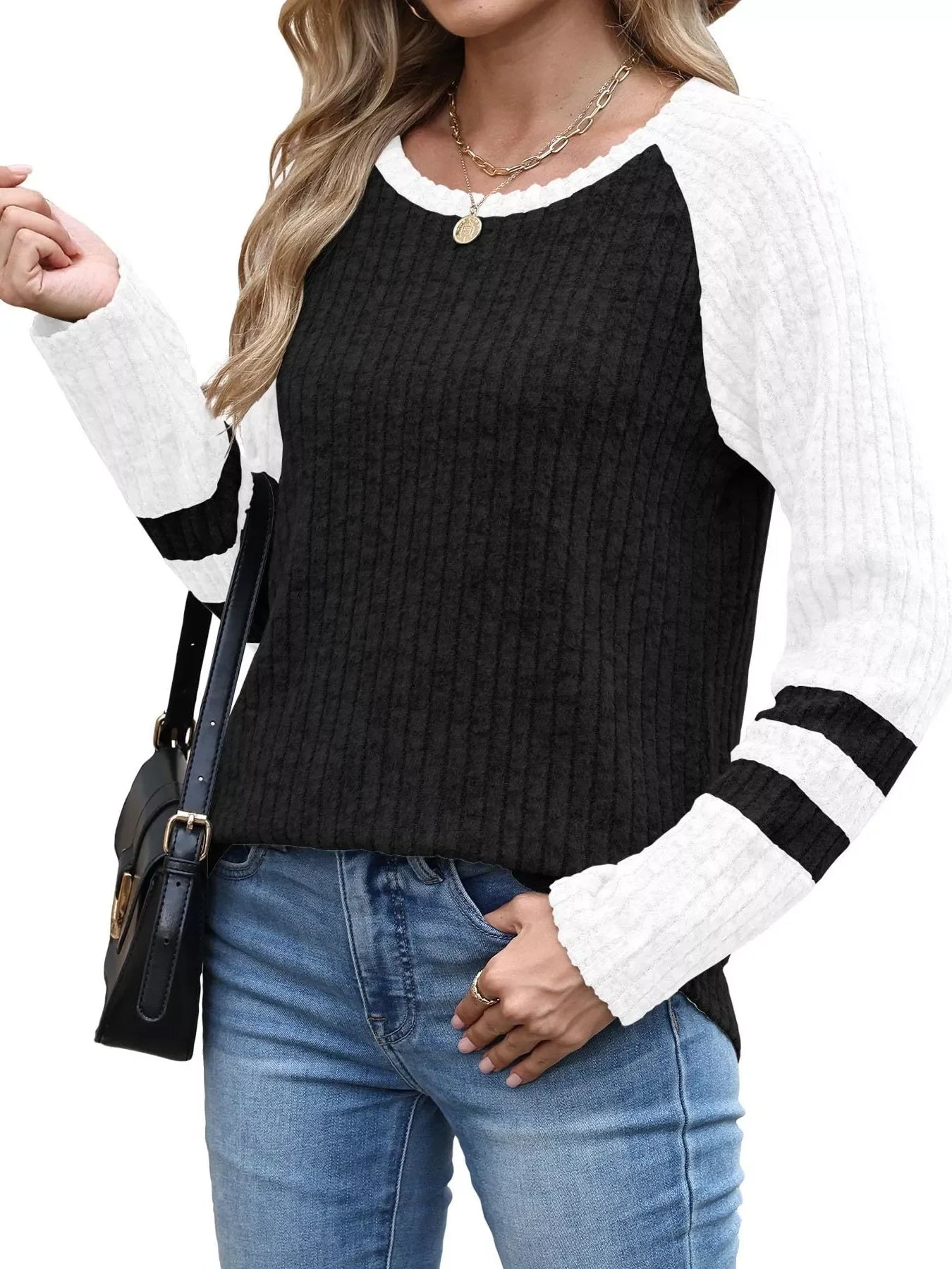 Ribbed Round Neck Raglan Sleeve Top - Southern Shores Clothing