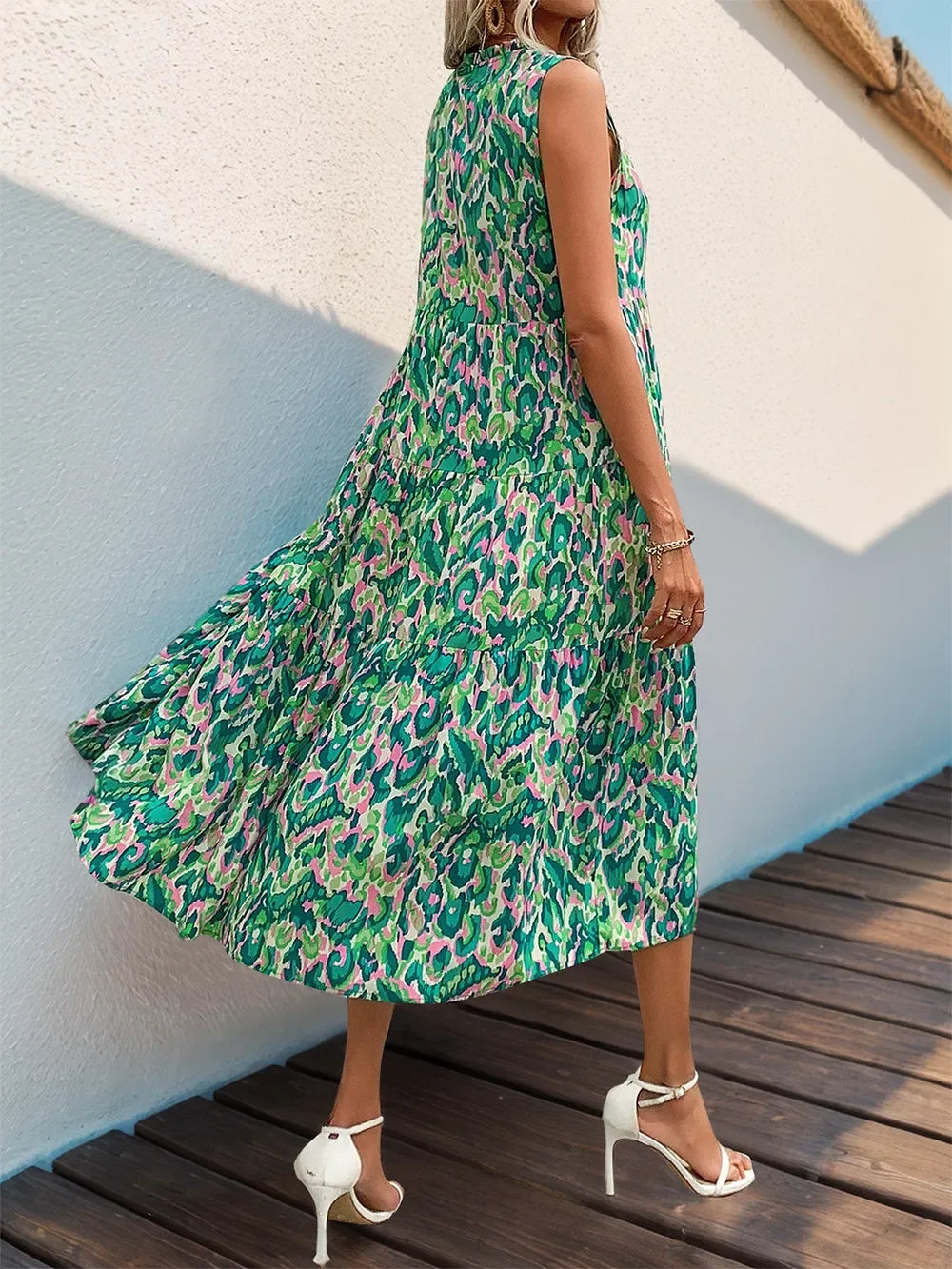 Tassel Printed Tie Neck Sleeveless Dress Viscose Relaxed Fit - Southern Shores Clothing