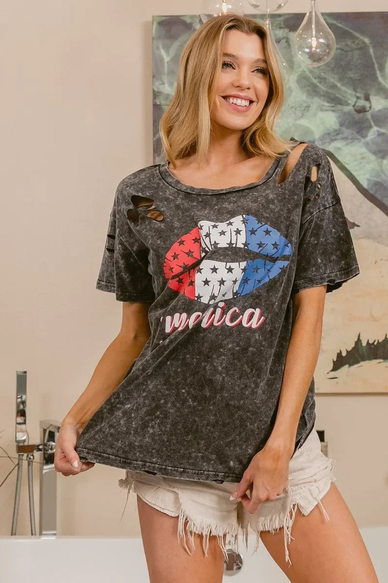 Laser Cut Lip Print Top Old Glory Mineral Washed - Southern Shores Clothing