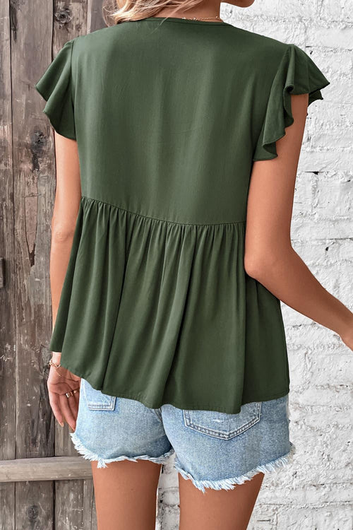 Southern Shores Clothing Buttoned Solid Polyester Tie Neck Flutter Sleeve Babydoll Blouse - Southern Shores Clothing