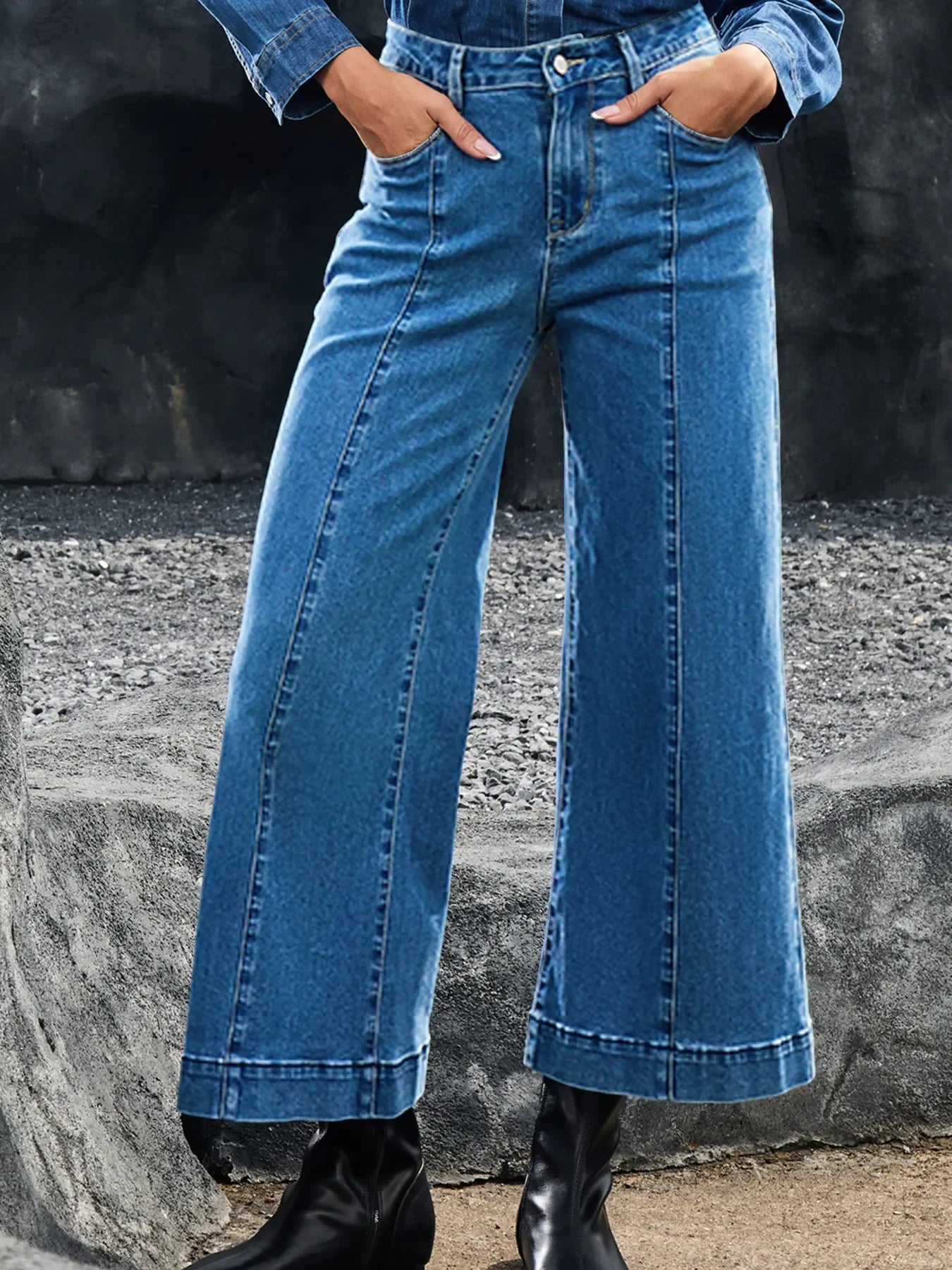 Coastal Seam Detail Flared Bottom Ankle Length Denim Jeans - Southern Shores Clothing