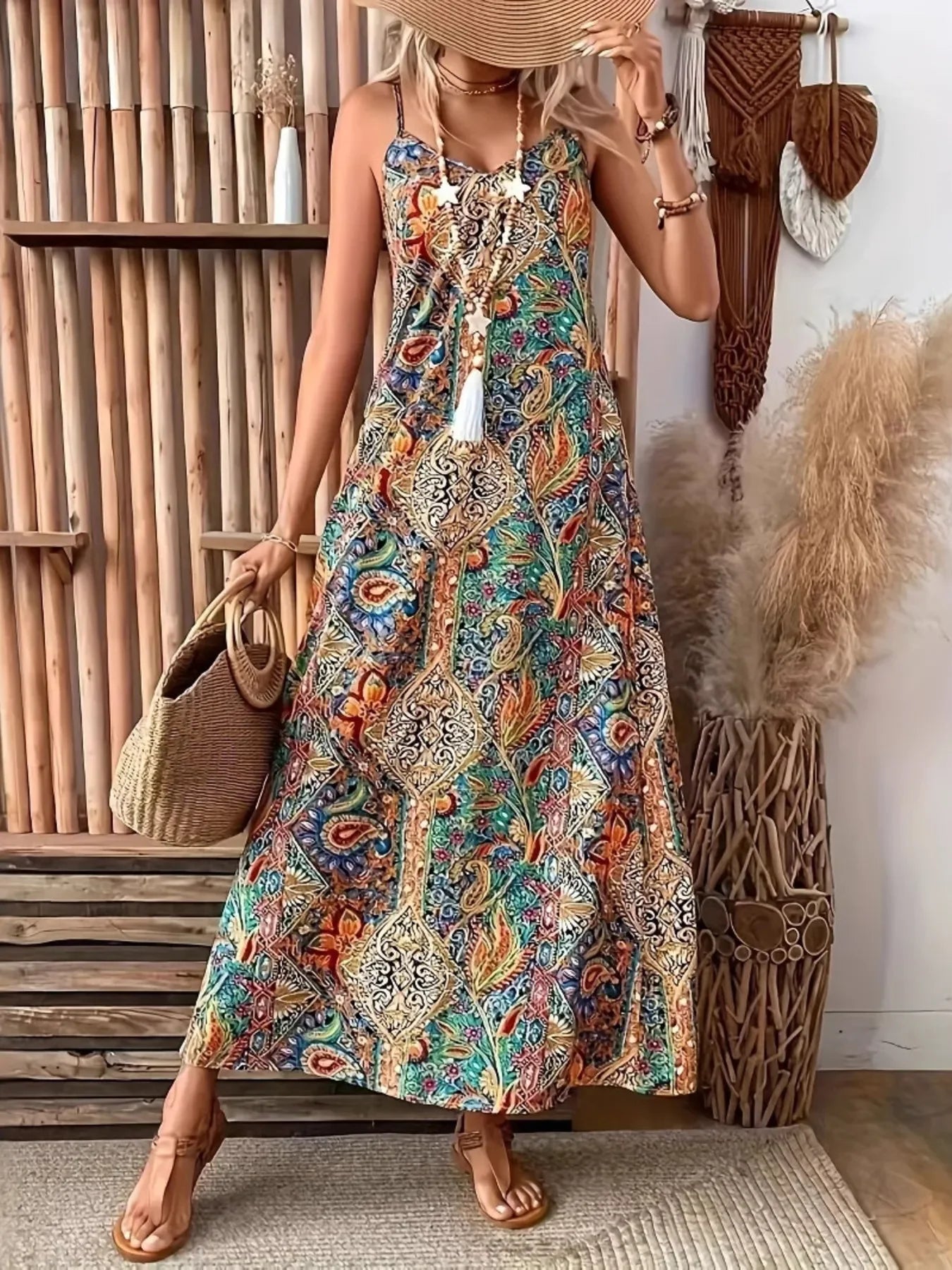 Paisley Print V-Neck Maxi Dress With Tassel Tie Straps Boho - Southern Shores Clothing