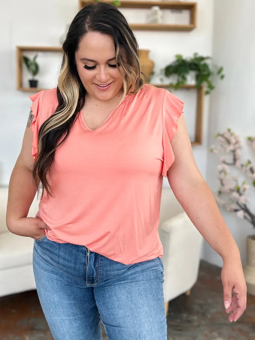 Bamboo Notched Ruffled Short Sleeve T Shirt - Southern Shores Clothing