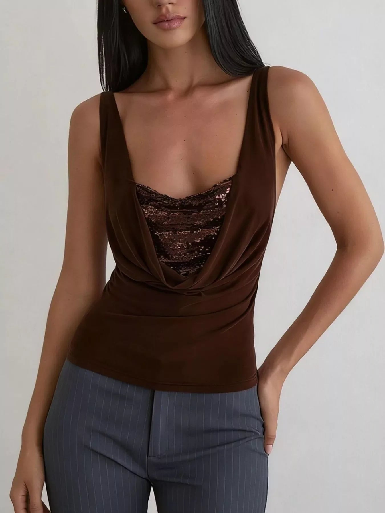 Sequin Detail Ruched Tank Top With Draped Front Stretchy Knit - Southern Shores Clothing