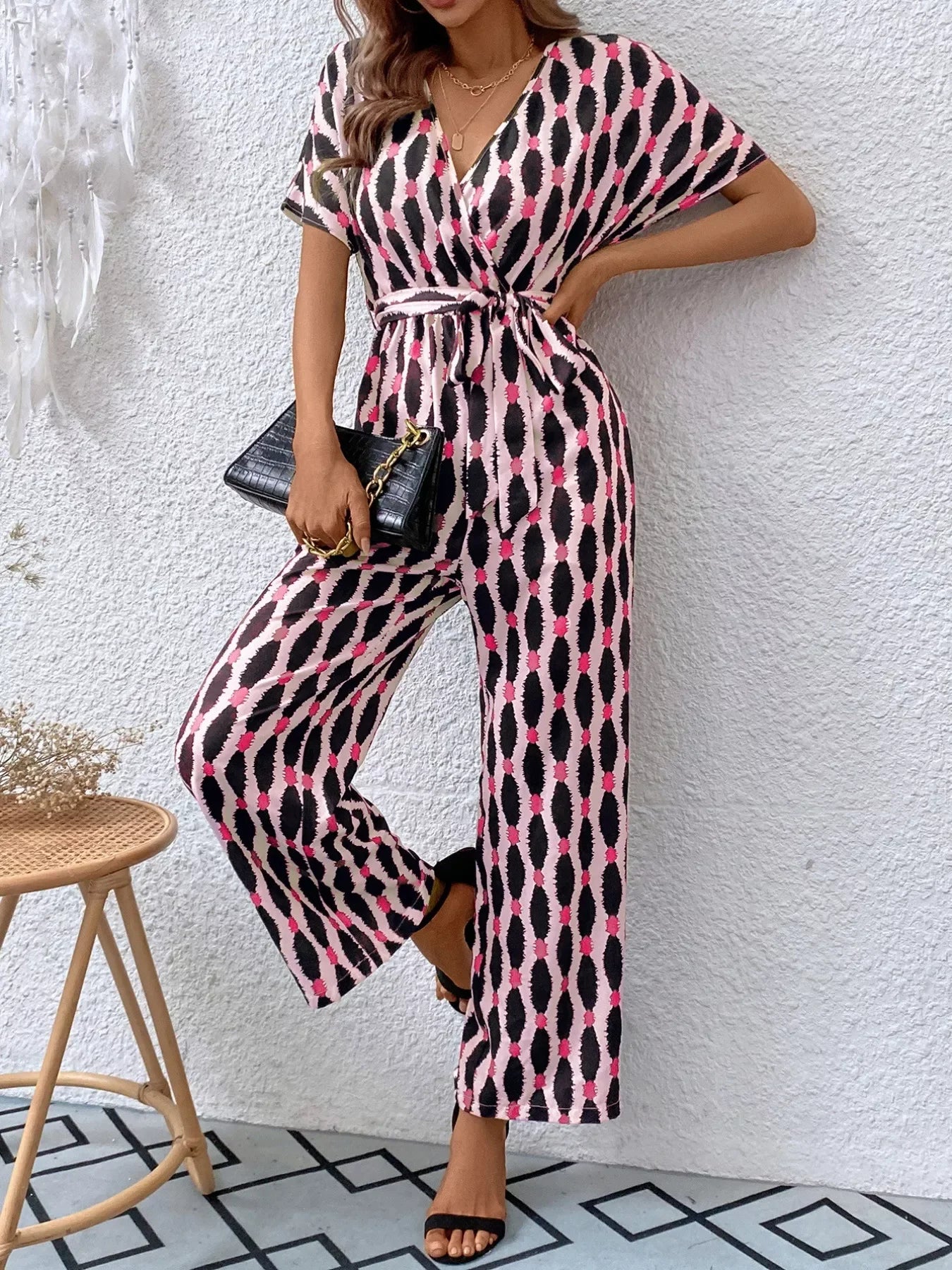 Printed Surplice Tie Waist Short Sleeve Jumpsuit - Southern Shores Clothing